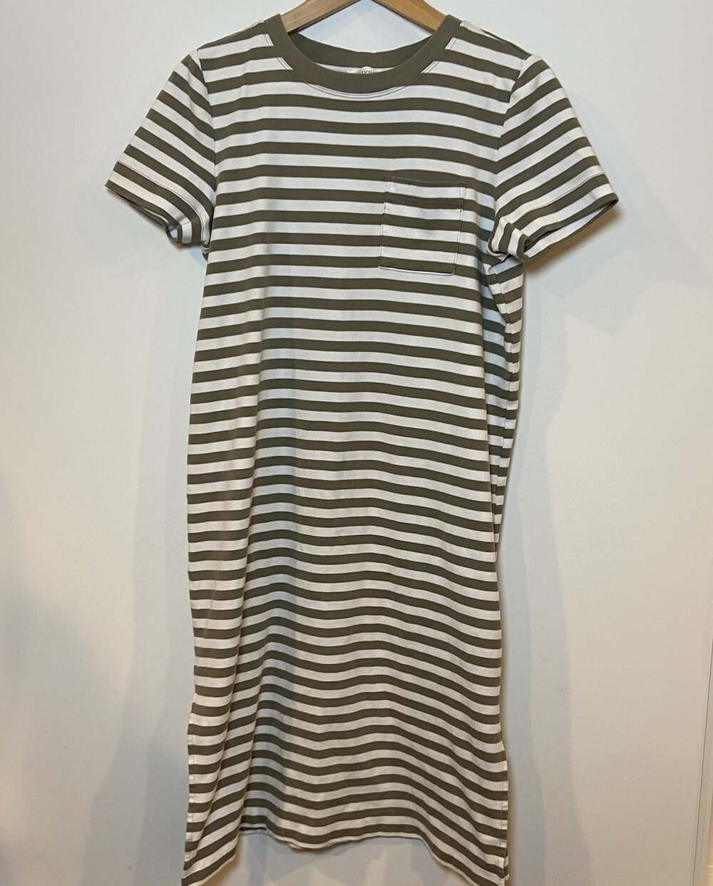 Haven Well Within T Shirt Dress Side Slit Olive Green White Stripe M